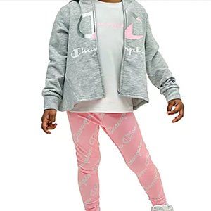 Girls Champion pink, white and gray 3 pc Tee, Hoodie, & Legging set size 5